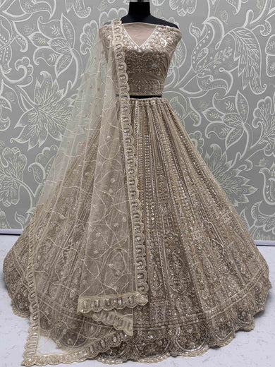 Elegant Brown Dori Work Net Reception Wear Lehenga Choli With Dupatta